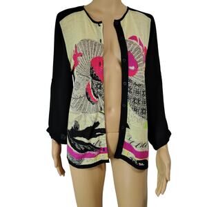 aldomartins Cardigan Sheer Abstract Art Contrasted By Black Sheer Sleeves Size M